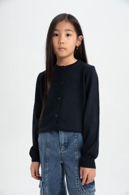 DEFACTO Girl Navy Blue Crew Neck Buttoned School Cardigan