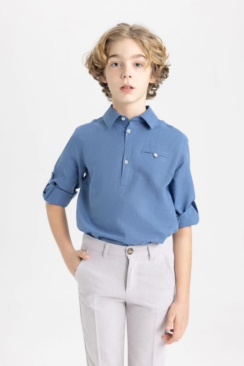 DEFACTO Boy's Polo Neck Jean Look Long Sleeve Shirt