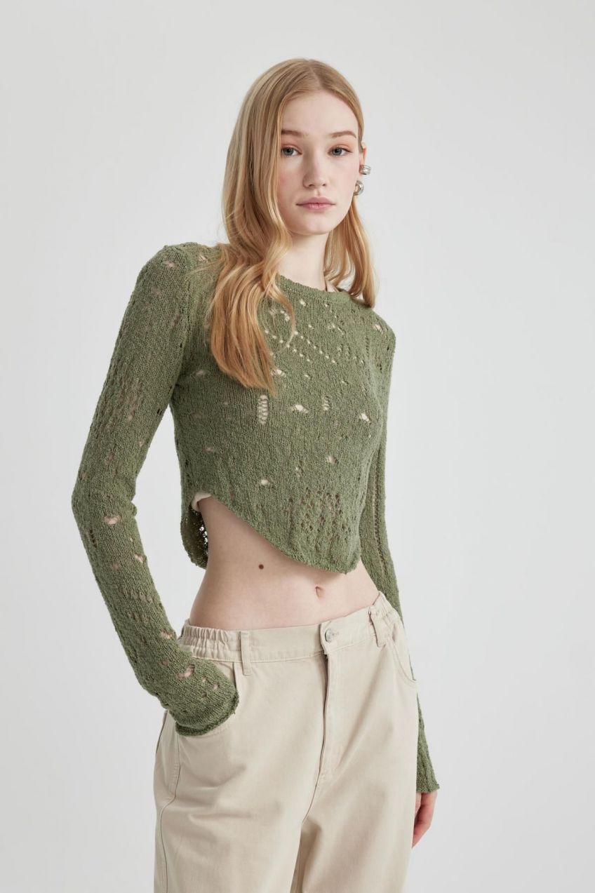 DEFACTO Coool Slim Fit Crew Neck Openwork Sweater