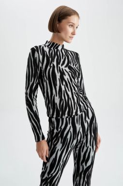 DEFACTO Fitted Half Turtleneck Zebra Patterned Long Sleeve T-Shirt