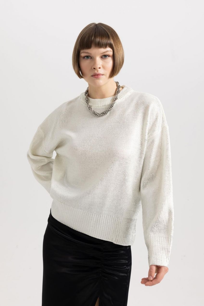 DEFACTO Relax Fit Crew Neck Foil Printed Sweater