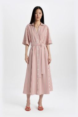 DEFACTO Shirt Collar Striped Belted Linen Short Sleeve Midi Dress