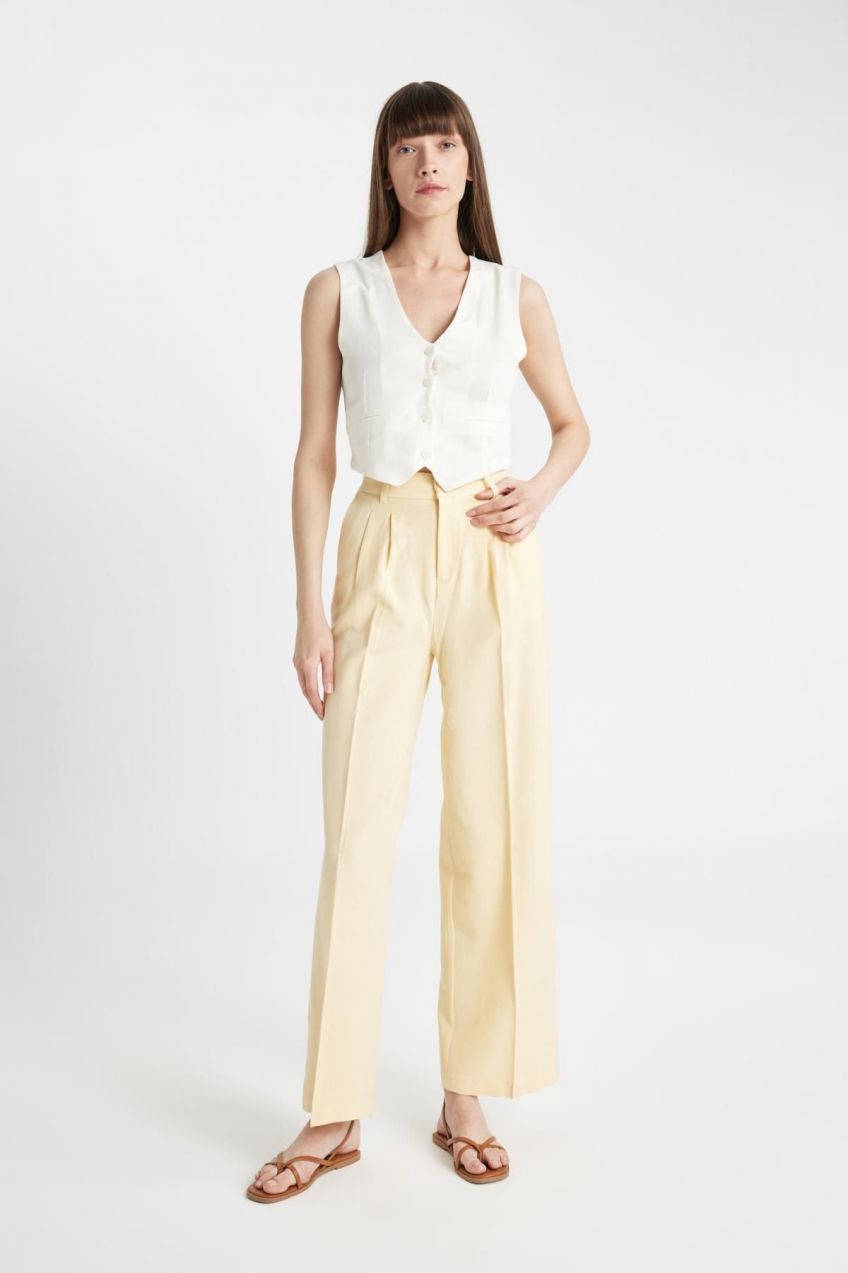 DEFACTO Wide Leg Pocket High Waist Standard Length Linen Blend Trousers