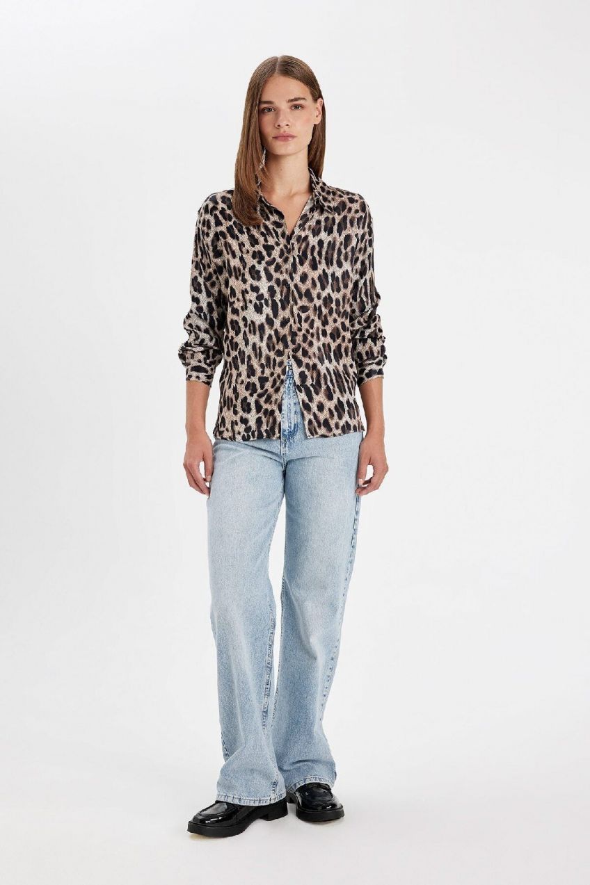 DEFACTO Regular Fit Leopard Print Poplin Long Sleeve Shirt