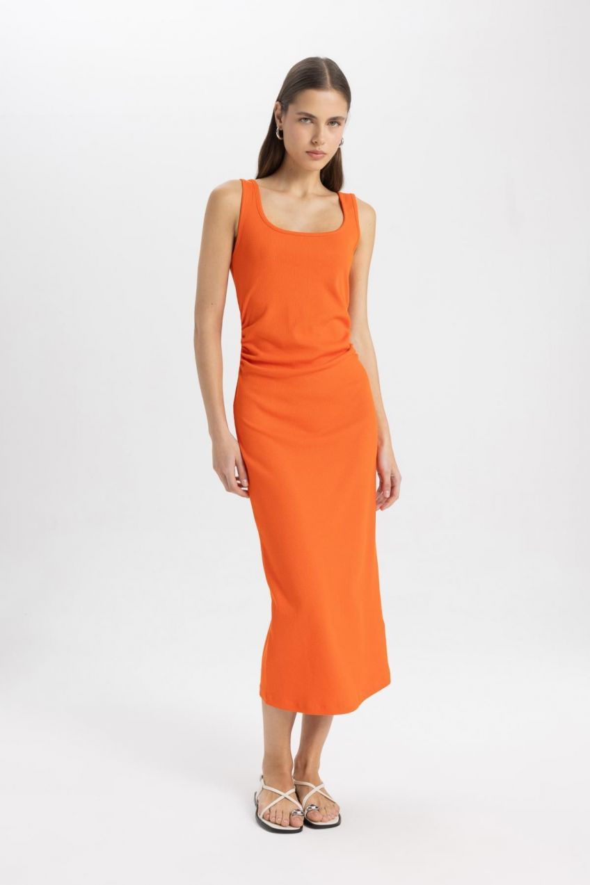 DEFACTO Straight Fit Square Neck Ribbed Camisole Sleeveless Midi Dress