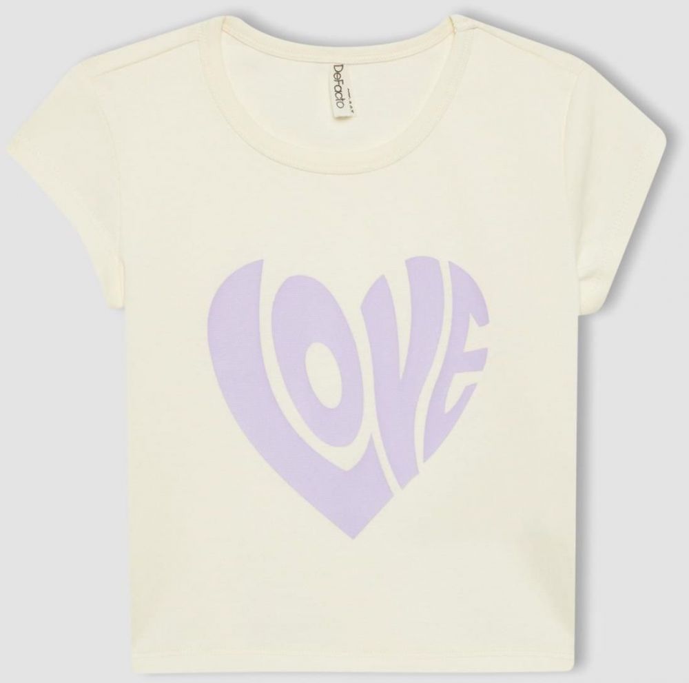 DEFACTO Girl's Slim Fit Ribbed Printed Short Sleeve T-Shirt