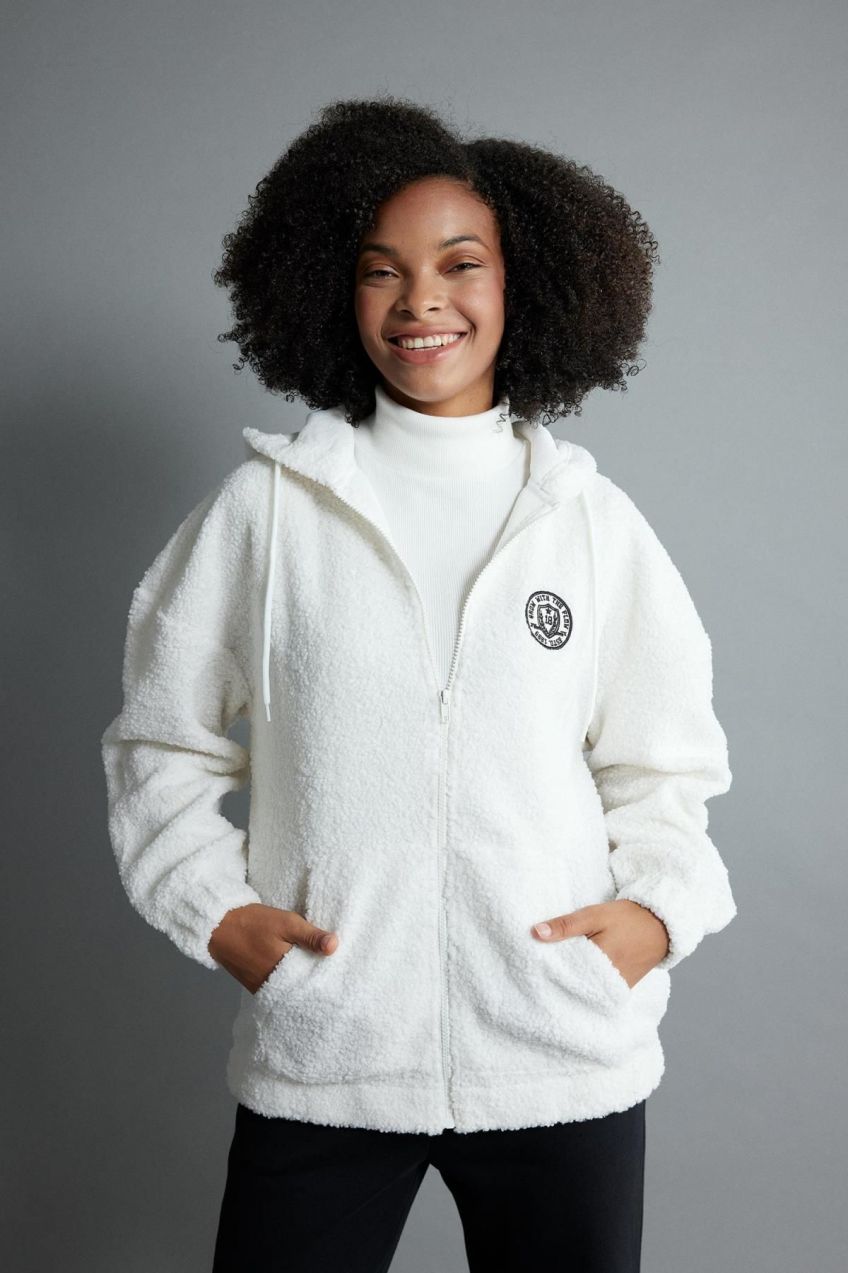 DEFACTO Oversize Fit Hooded Plush Zippered Sweatshirt