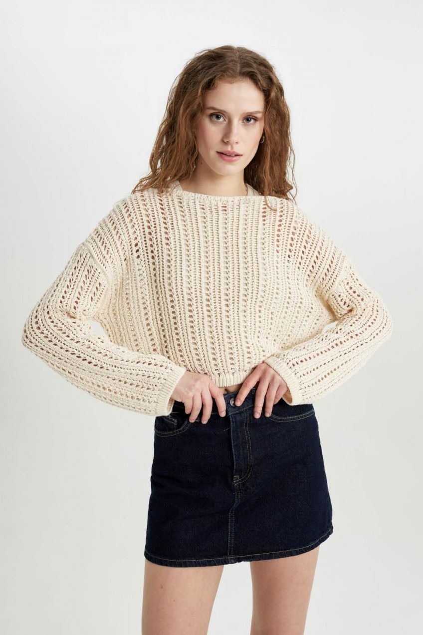 DEFACTO Crop Boat Neck Crochet Sweater