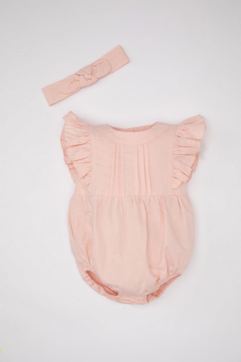 DEFACTO Baby Girl Newborn Linen Snap Sleeveless Jumpsuit Bandana 2-Piece Set