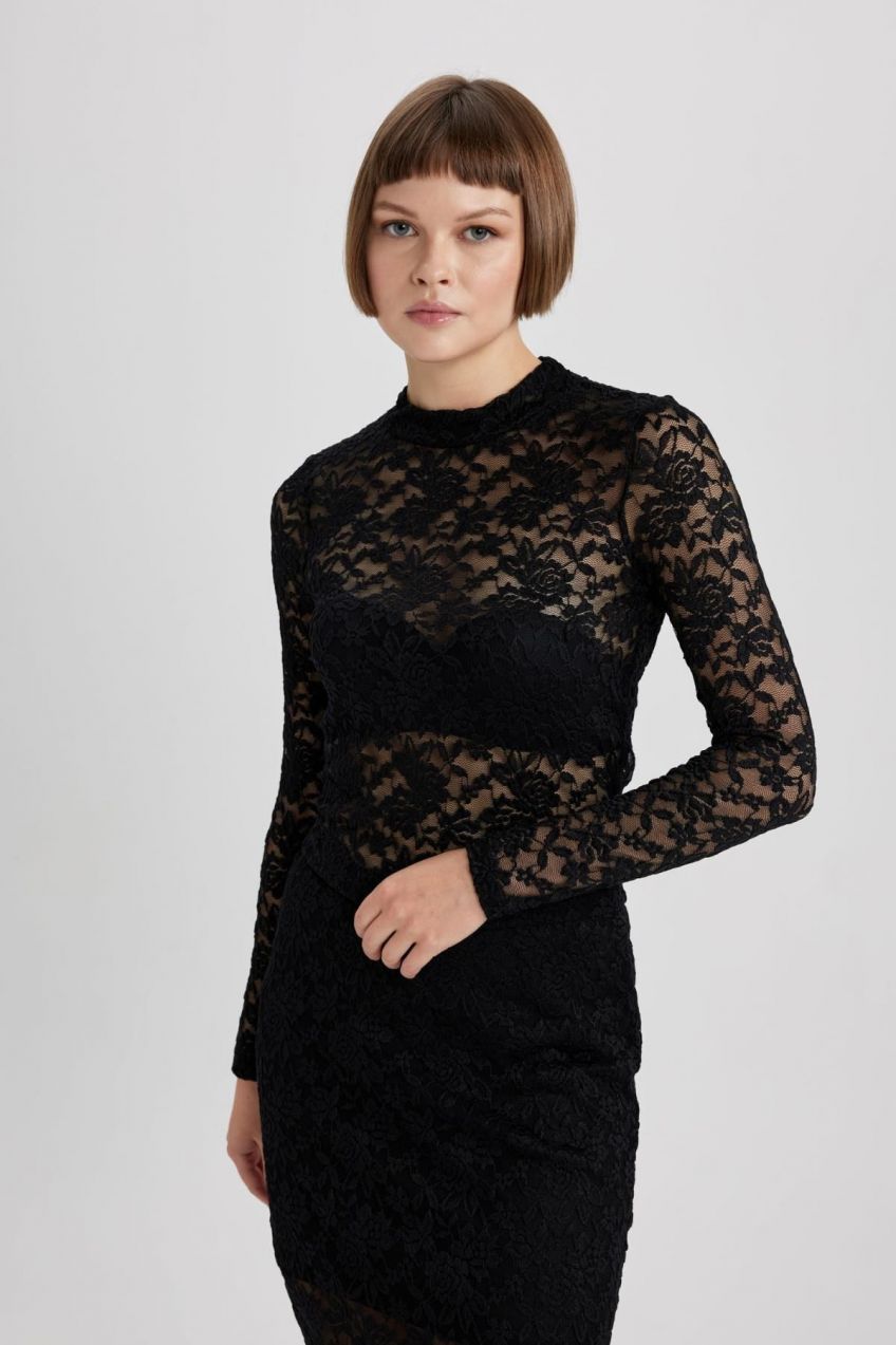 DEFACTO Regular Fit Half Turtleneck Lace Long Sleeve T-Shirt