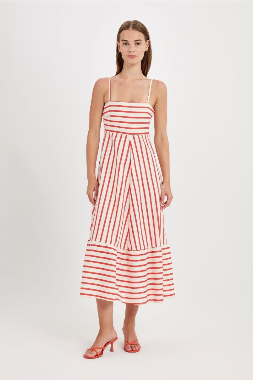 DEFACTO Babydoll Square Neck Patterned Cotton Strappy Midi Dress