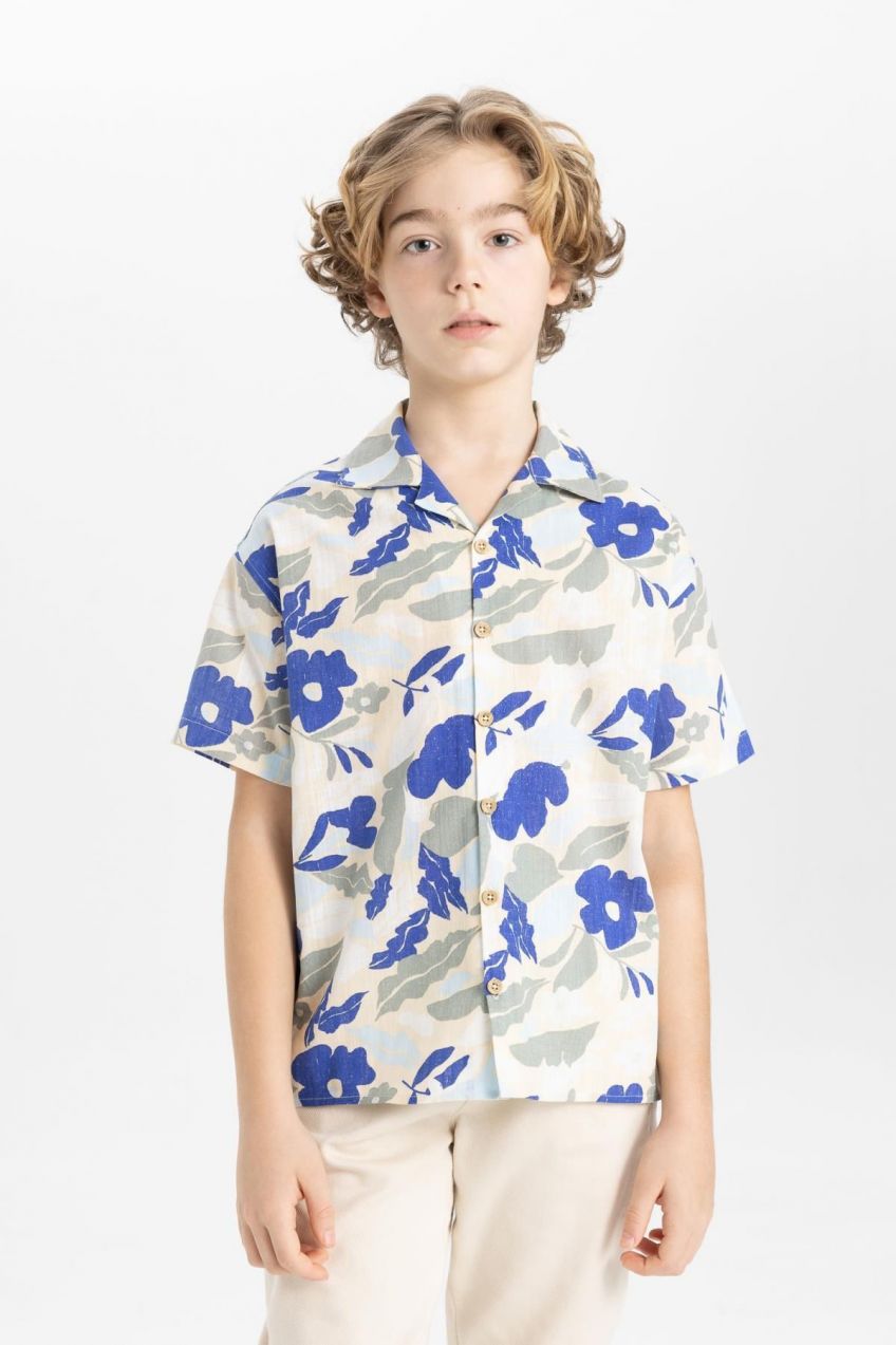 DEFACTO Boys' Oversize Fit Patterned Viscose Short Sleeve Shirt