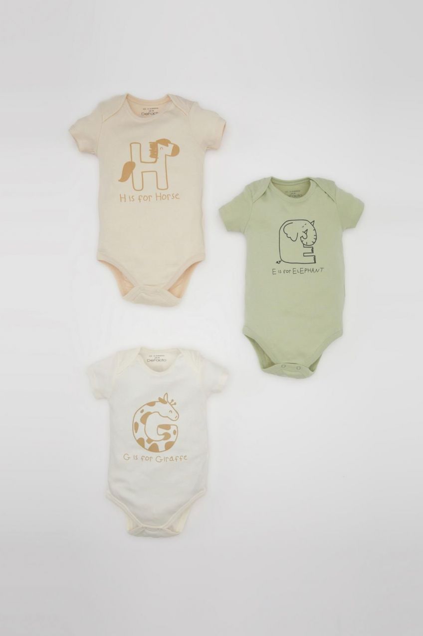 DEFACTO Baby Boy Newborn Envelope Collar Printed Ribbed 3-Piece Short Sleeve Snap Fasten Body