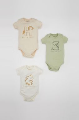 DEFACTO Baby Boy Newborn Envelope Collar Printed Ribbed 3-Piece Short Sleeve Snap Fasten Body