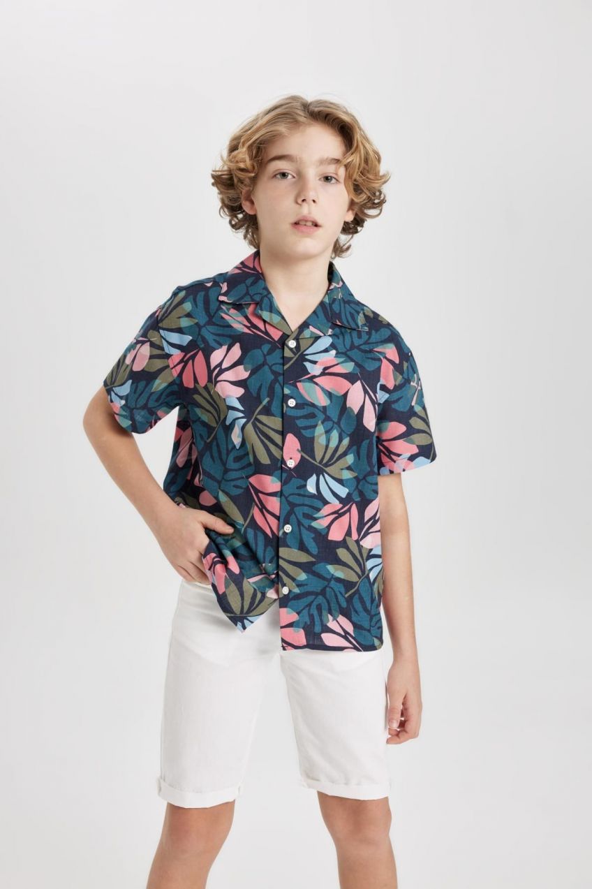 DEFACTO Boy's Oversize Fit Patterned Polo Neck Linen Look Short Sleeve Shirt
