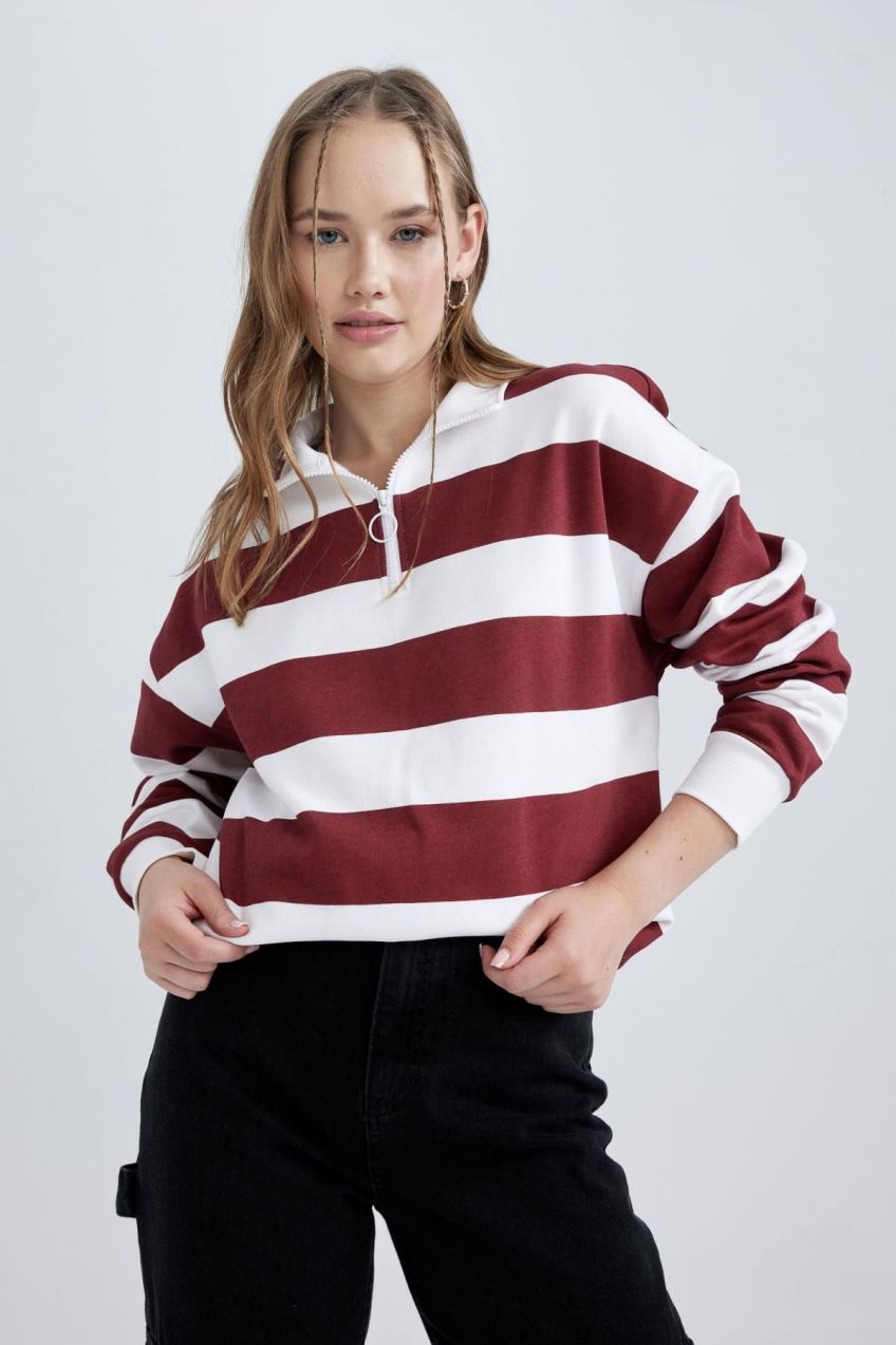 DEFACTO Cool Loose Fit Half Zipper Patterned Thick Fabric Sweatshirt