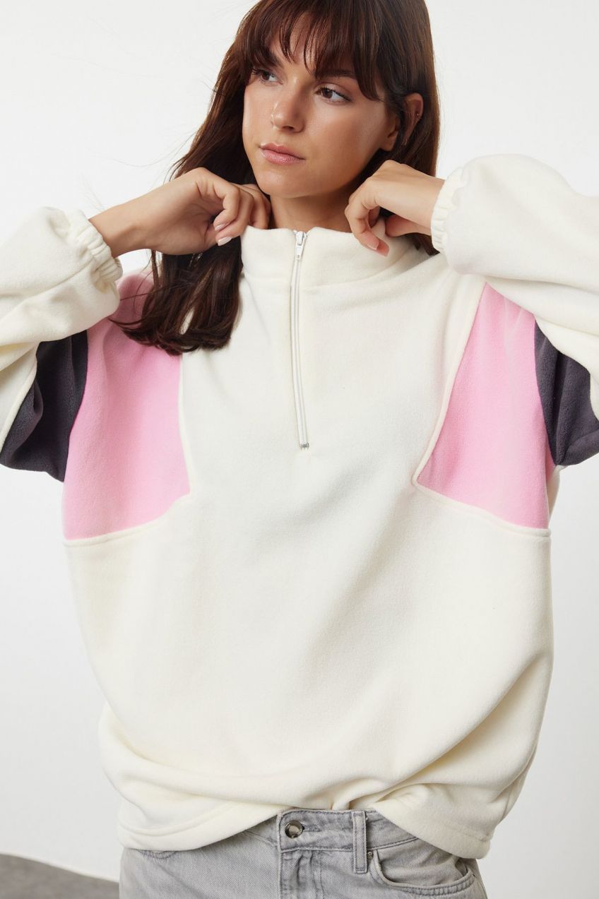 Trendyol Multicolored Color Blocked Zippered Oversize/Wide Fit Fleece Knitted Sweatshirt
