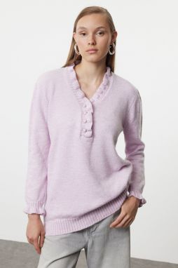 Trendyol Lilac Pearl Buttoned Soft Textured Knitwear Sweater