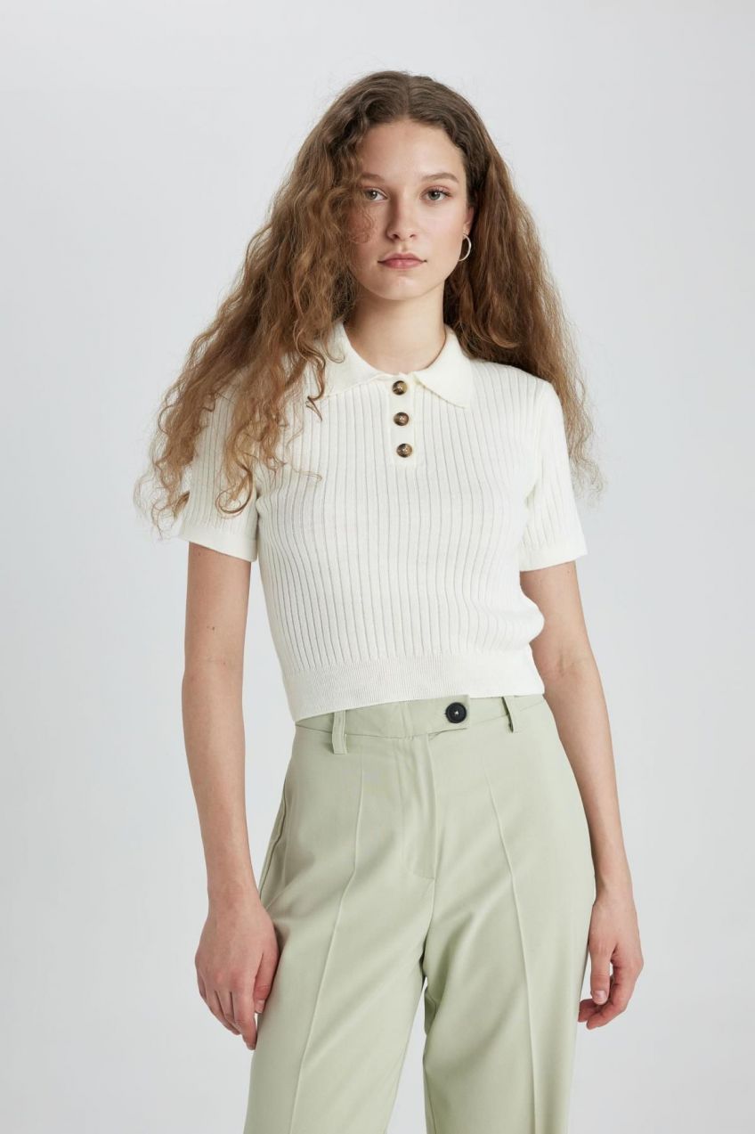 DEFACTO Slim Fit Polo Neck Short Sleeve Knitted T-Shirt