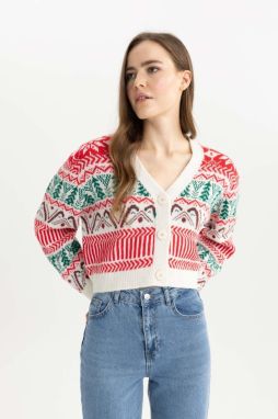 DEFACTO New Year's Themed V-Neck Knitwear Cardigan