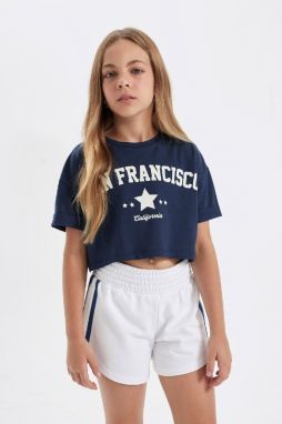 DEFACTO Girls Crop Crew Neck Printed Short Sleeve T-Shirt