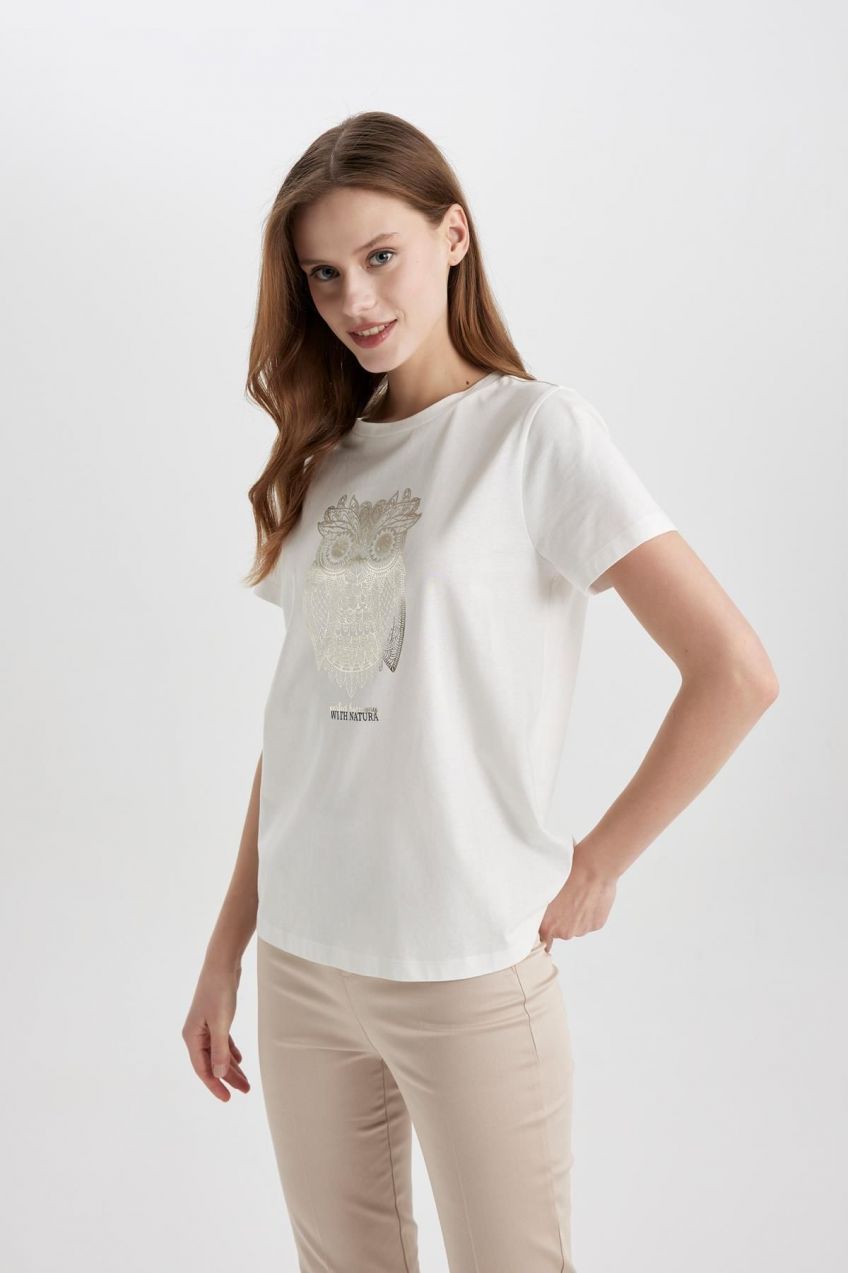 DEFACTO Regular Fit Crew Neck Owl Patterned Combed Cotton Short Sleeve T-Shirt