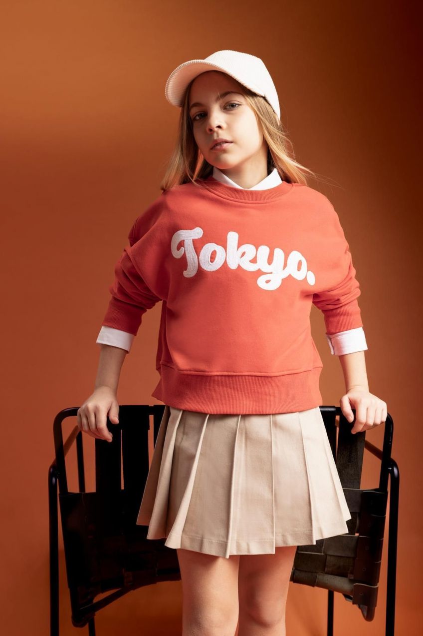 DEFACTO Girl's Crop Crew Neck Printed Sweatshirt