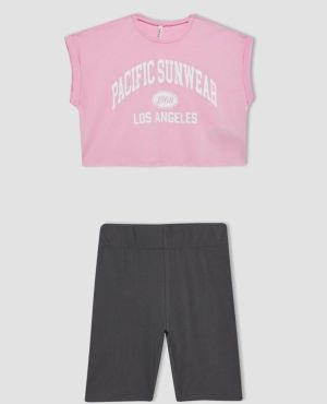 DEFACTO Girl's Printed Short Sleeve T-Shirt and Tights 2-Piece Set