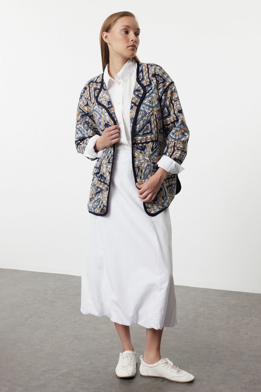 Trendyol Navy Blue Textured Oversize Seasonal Bomber Jacket