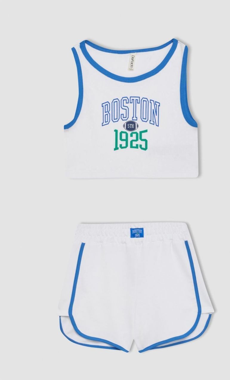 DEFACTO Girls' Ribbed Camisole Printed Athlete Shorts 2-Piece Set