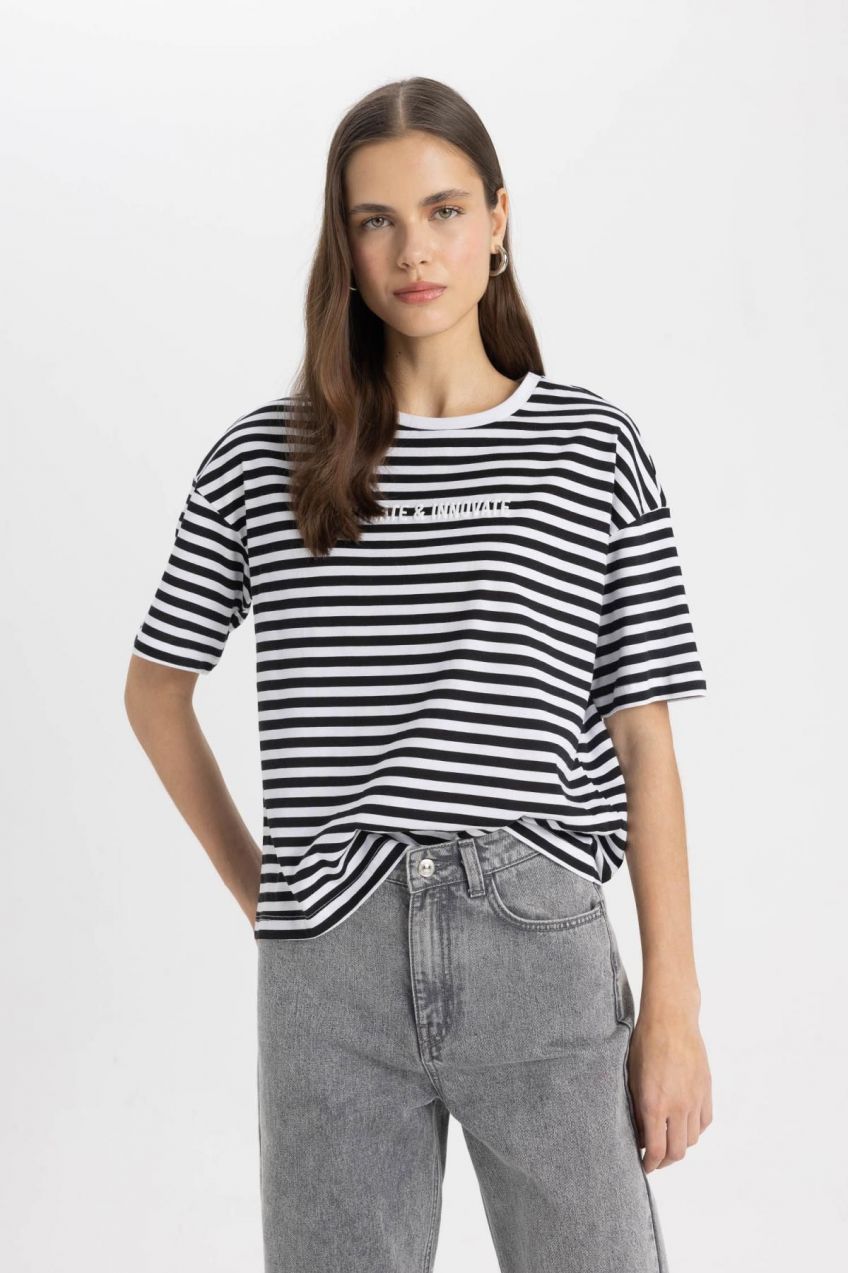 DEFACTO Relax Fit Striped Crew Neck Printed Short Sleeve T-Shirt