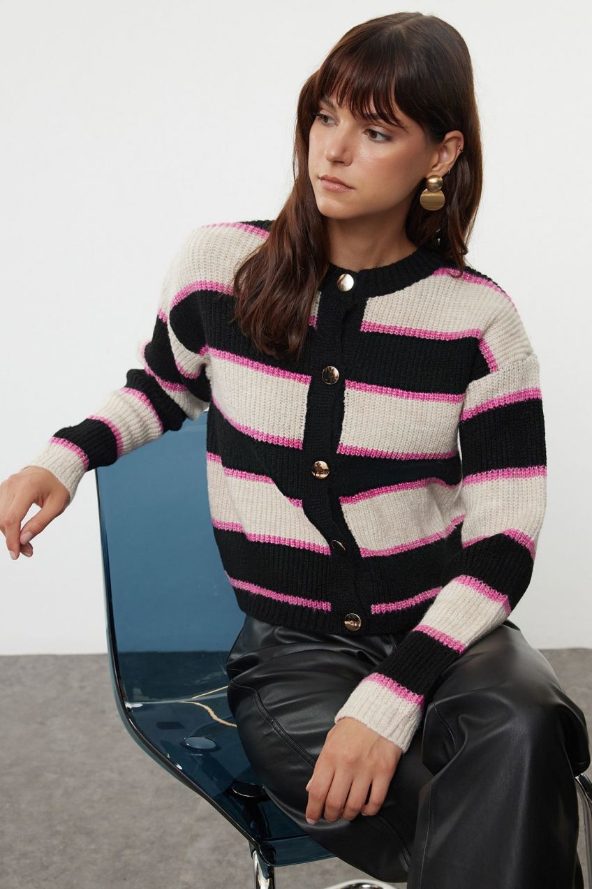 Trendyol Black Crew Neck Color Block Knitwear Cardigan