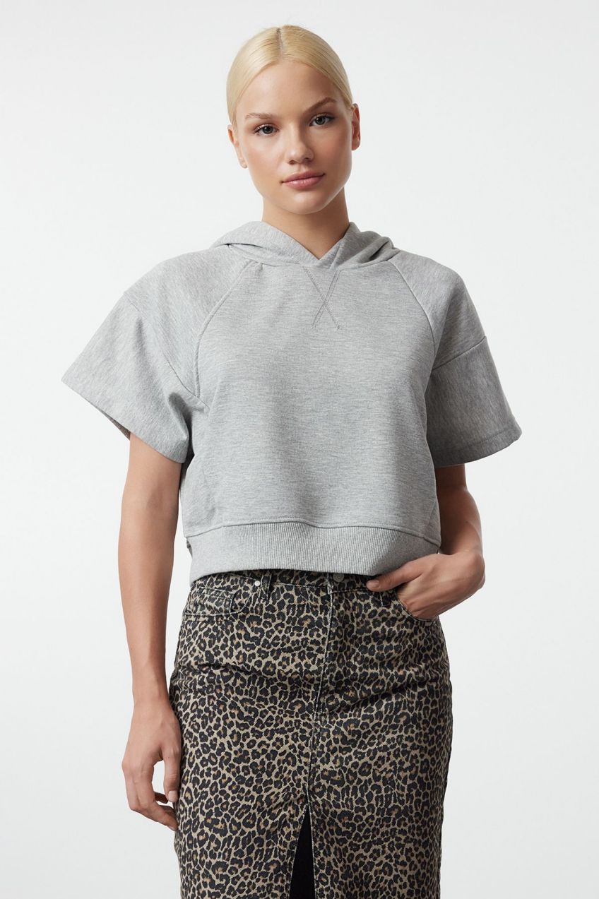 Trendyol Gray Washed Moon Sleeve Hooded Crop Relaxed/Comfortable Fit Knitted Sweatshirt