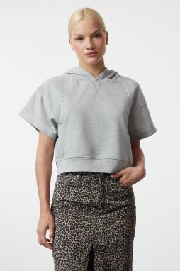 Trendyol Gray Washed Moon Sleeve Hooded Crop Relaxed/Comfortable Fit Knitted Sweatshirt