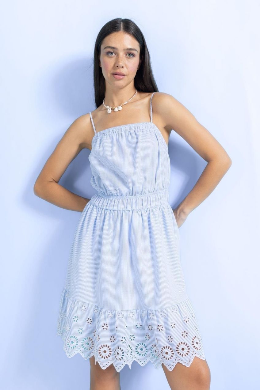 DEFACTO Square Neck Striped Embroidery Strap Mini Dress