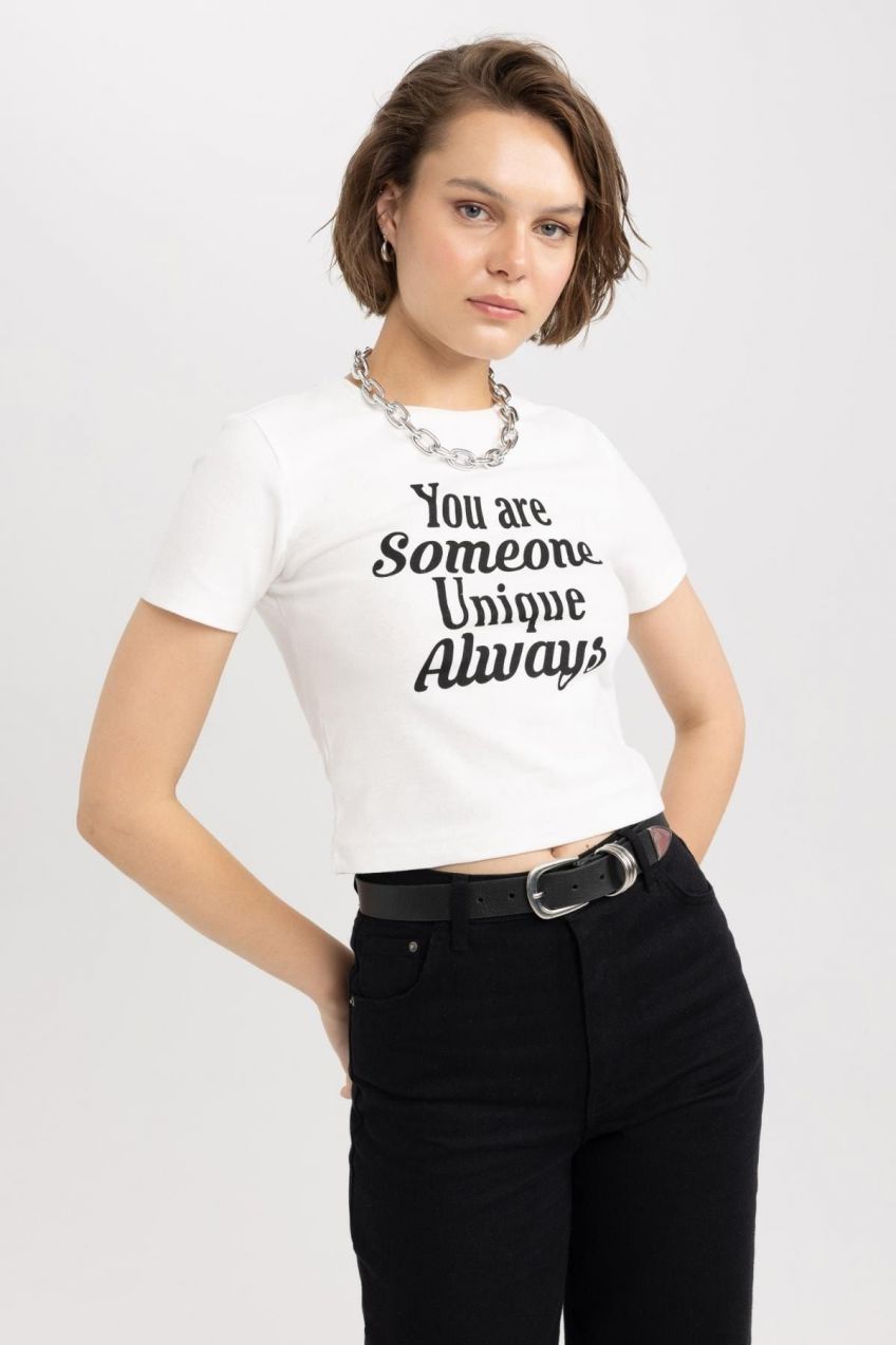 DEFACTO Fitted Crew Neck Printed Ribbed Short Sleeve T-Shirt