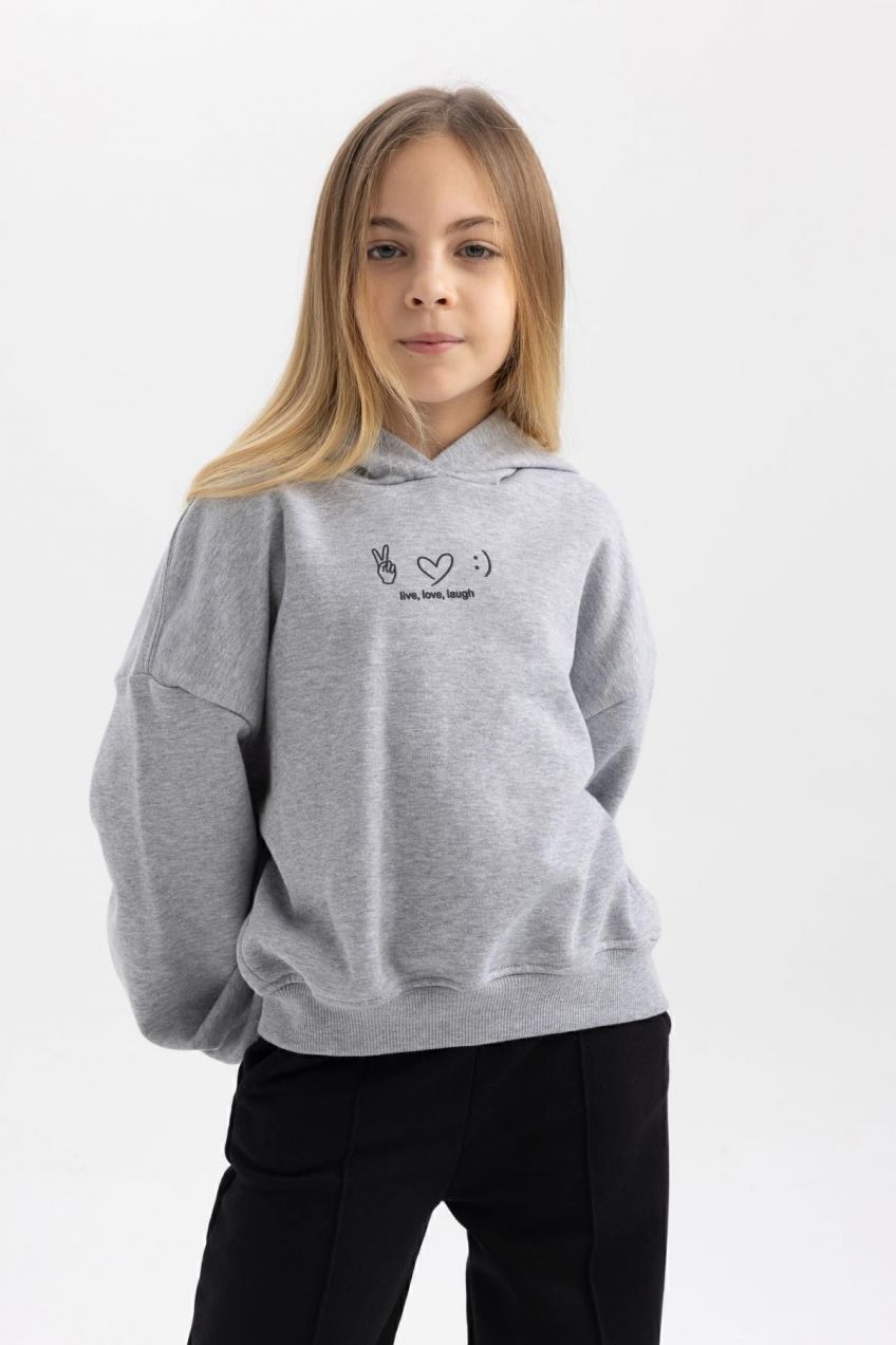 DEFACTO Girl's Oversize Fit Hooded Printed Soft Fuzzy Thick Sweatshirt
