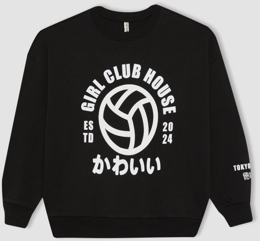 DEFACTO Girl's Oversize Fit Crew Neck Printed Sweatshirt