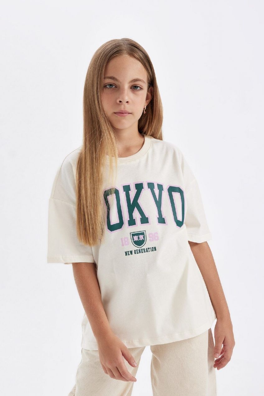 DEFACTO Girls Oversize Fit Crew Neck Printed Short Sleeve School T-Shirt