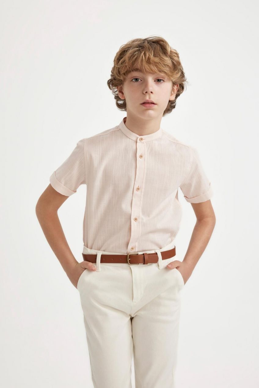 DEFACTO Boy's Stand Collar Linen Look Short Sleeve Shirt