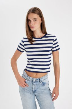 DEFACTO Slim Fit Crew Neck Striped Combed Cotton Short Sleeve T-Shirt