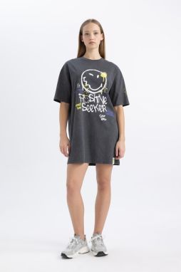 DEFACTO Cool Smileyworld Crew Neck Combed Cotton Short Sleeve Mini T-Shirt Dress