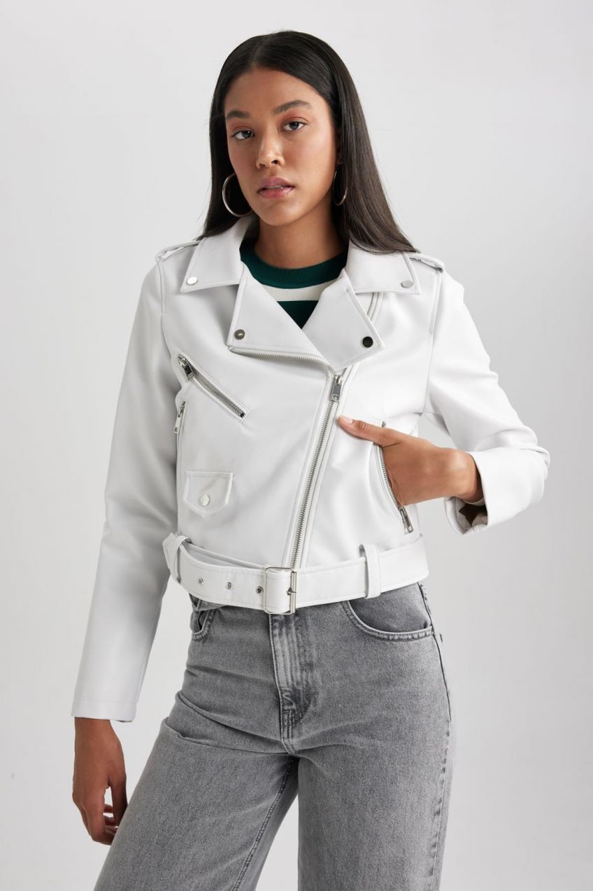 DEFACTO Relax Fit Faux Leather Belted Crop Biker Jacket