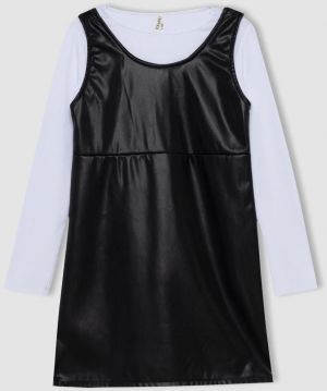 DEFACTO Girl's Long Sleeve T-shirt Faux Leather Salopet 2-Piece Set