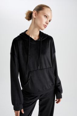 DEFACTO Regular Fit Hooded Basic Velvet Sweatshirt with Kangaroo Pocket