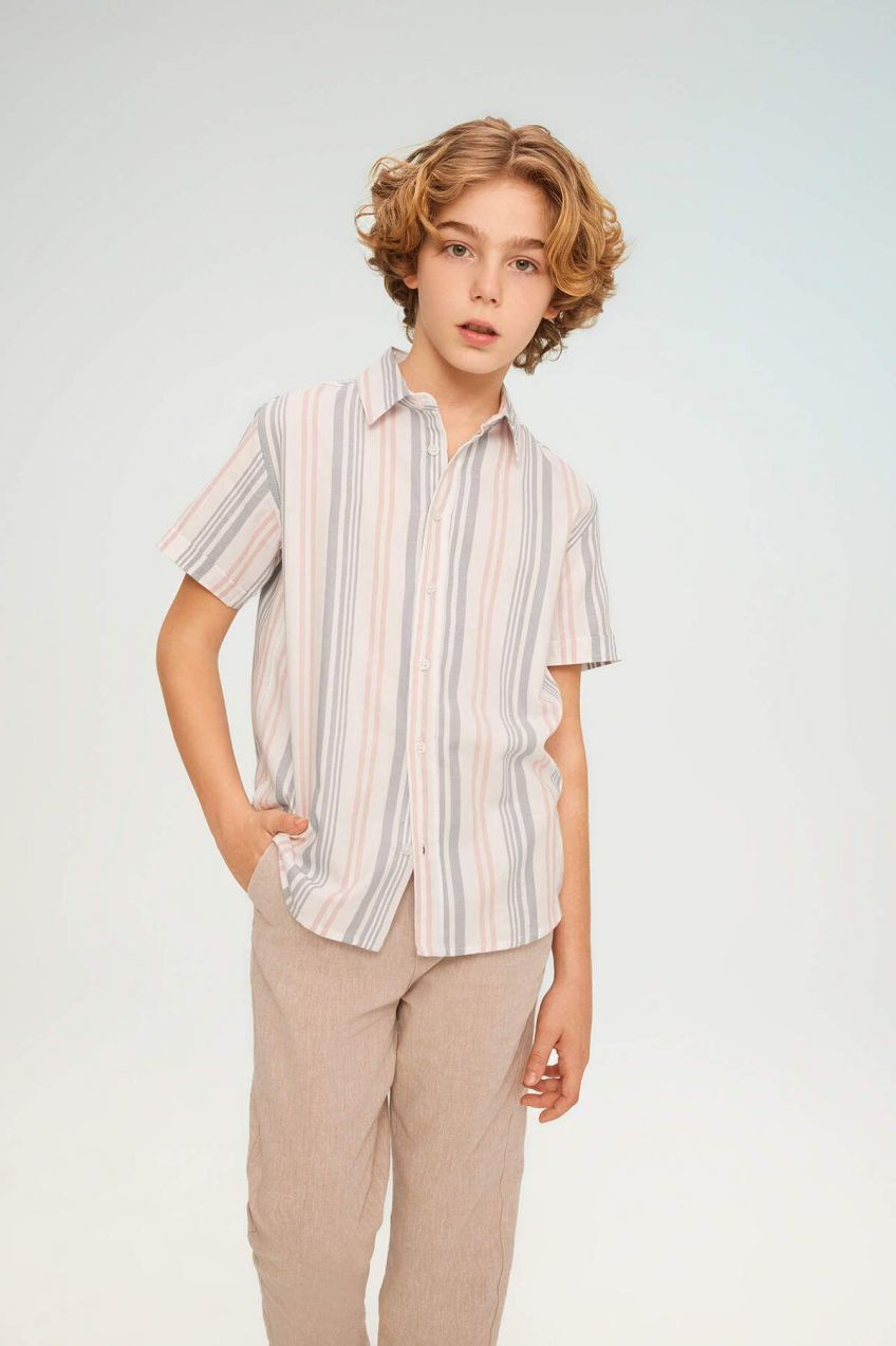 DEFACTO Boys' Striped Twill Short Sleeve Shirt
