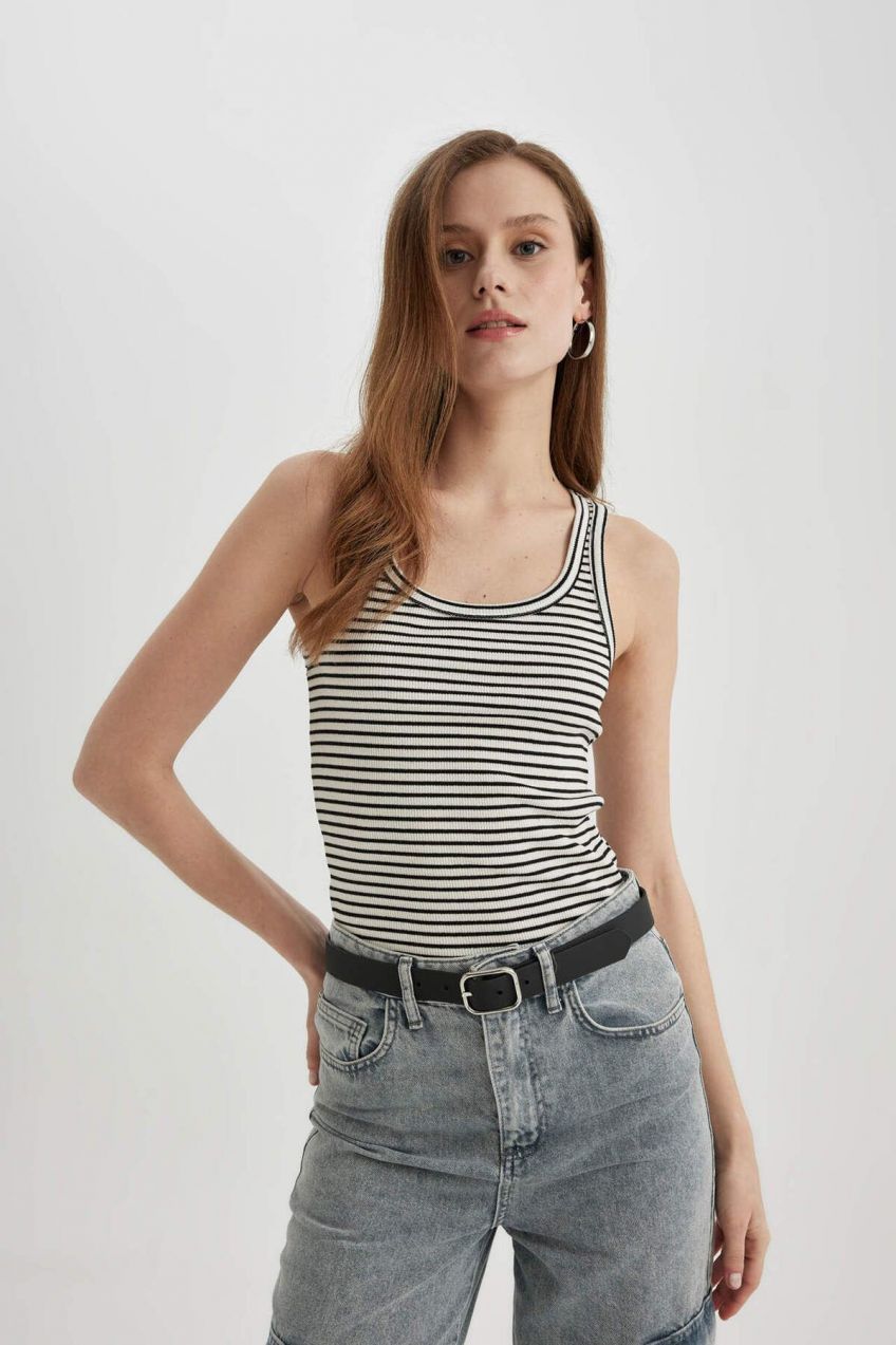 DEFACTO Slim Fit Striped Round Neck Ribbed Camisole Tank Top