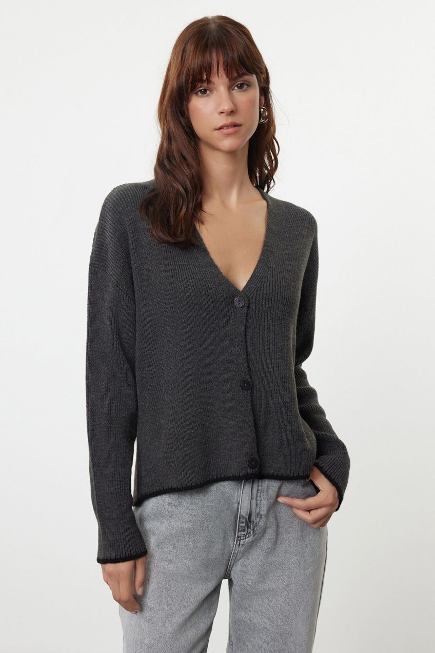 Trendyol Anthracite Hem Detailed Wide Pattern Knitwear Cardigan