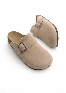 Marjin Women's Genuine Leather Eva Sole Closed Front Buckle Daily Slippers Sumpa Beige Suede