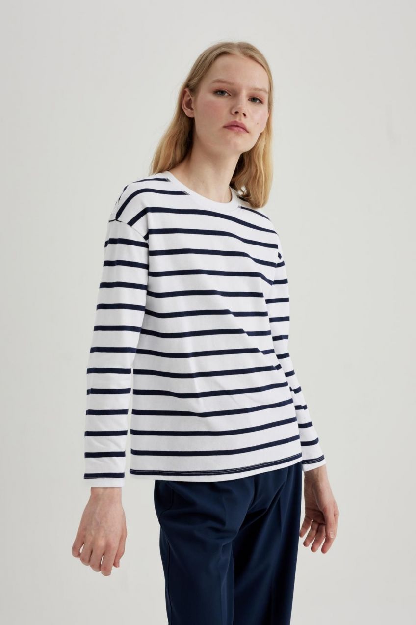 DEFACTO Regular Fit Striped Combed Cotton Long Sleeve T-Shirt
